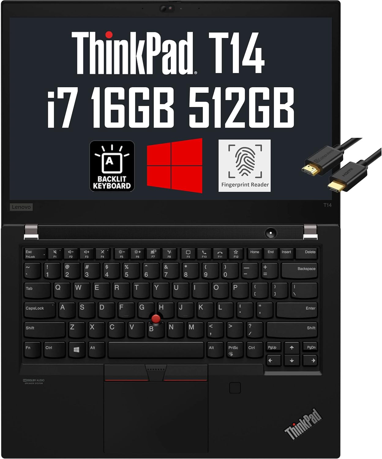 Lenovo ThinkPad T14 Gen 2 14' FHD (Intel Quad-Core i7-1165G7, 16GB RAM, 512GB PCIe SSD, UHD Graphics) IPS Business Laptop, Backlit, 2 x Thunderbolt 4, Fingerprint, IST Cable, Windows 10/11 Pro