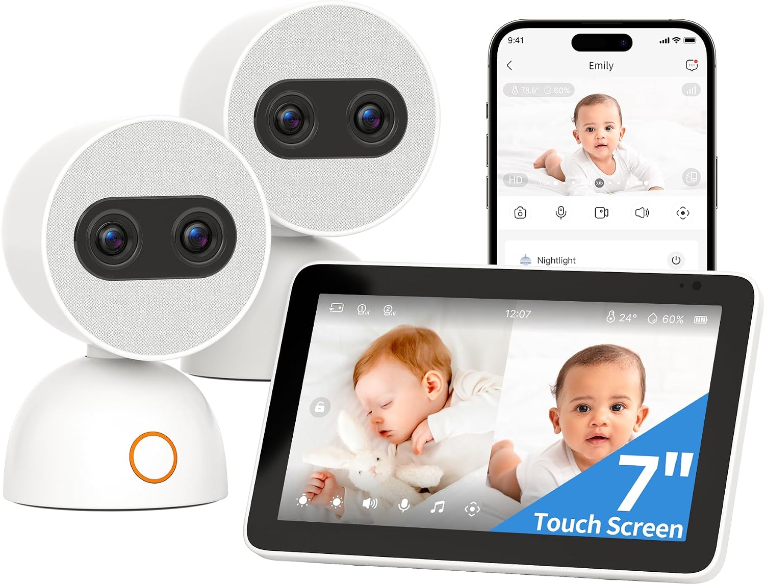 Bundle of Simsky Split Screen Video Baby Monitor with 2 Cameras + Baby Monitor Floor Stand Holder, 7' HD Large Touch Screen WiFi/No WiFi Smart Video Monitor, 6X Optical Quality Zoom, App Remote Access