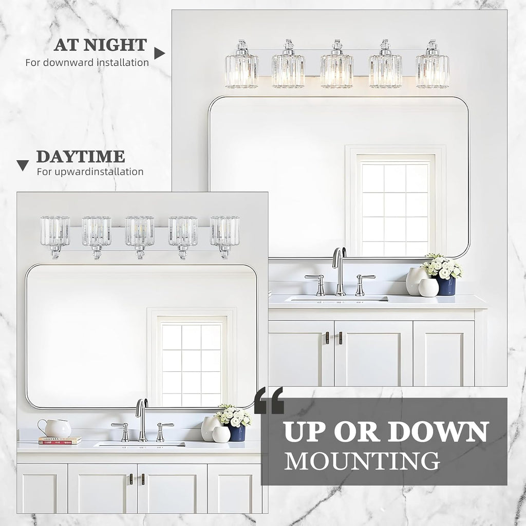 5-Light Modern Bathroom Light Fixture Chrome Vanity Lights Over Mirror Wall Sconce Lighting with K9 Crystal Shades Bathroom Wall Lamp E26 Base for Bedroom, Living Room, Hallway