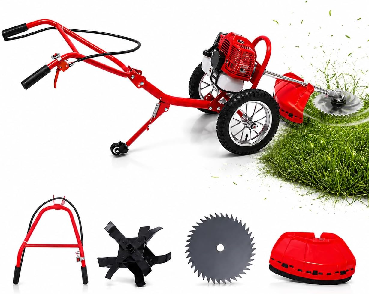 2 Stroke Hand Push Lawn Mower 49CC Gas Powered Grass Trimmer Multifunctional Air Cooled Single Cylinder with Scarifying Knife for Mountains, Hills, Plains, Orchards