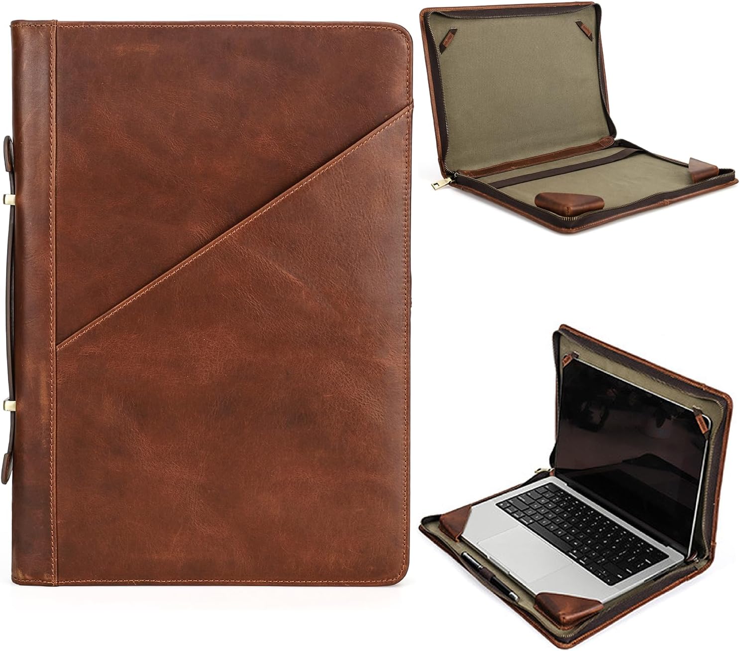 Top Grain Leather 16.2' Slim Laptop Zipper Folio Case Bag, Handmade & 2 Pockets, Compatible with MacBook Pro 16.2' A2485 M1 Max 15' Touch Bar A2141 A1707 Pro 16' Touch ID, Brown 16.2 Inch