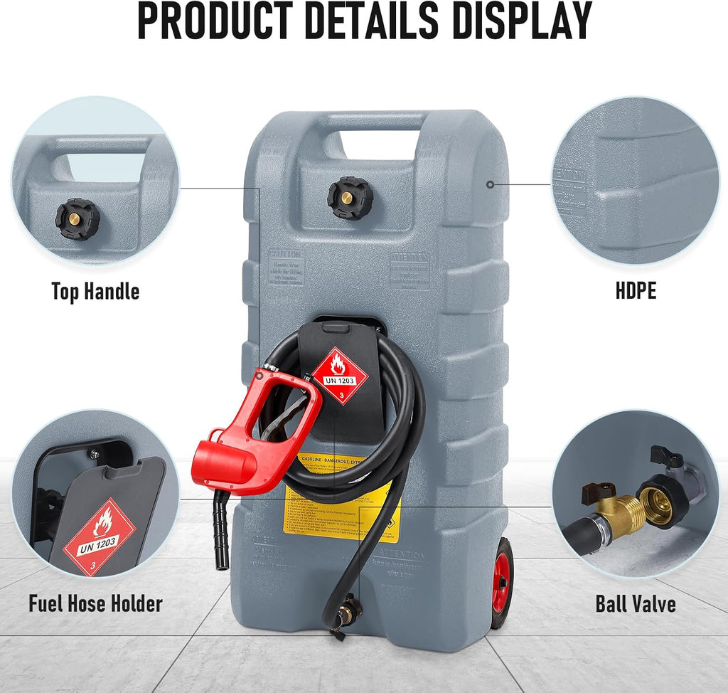 15 Gallon Gas Can, Fuel Tank Container with LE Fluid Transfer Manual Siphon Pump & 10FT Hose, Portable Diesel Gas Storage Caddy with Wheels for Car, ATV, Weeder, Boat, etc., Grey