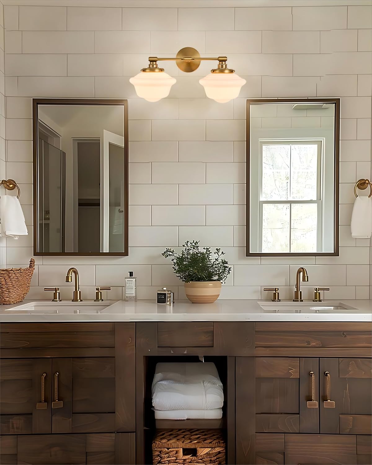 FCTWAKS 2-Light Vintage Bathroom Vanity Light, Schoolhouse Light Fixture - Brushed Gold with Milk Glass Shades, Modern Farmhouse Wall Sconce