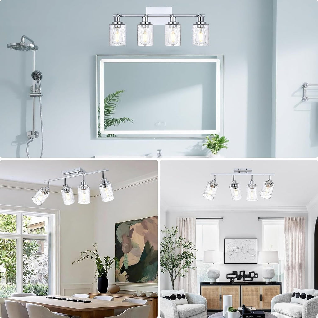 4-Light Multi-Directional Rotating Track Light Fixture Ceiling Track Lighting Heads with Seeded Glass Chrome Track Lighting Kit Bathroom Vanity Light Spotlight Fixtures for Kitchen Accent Shop