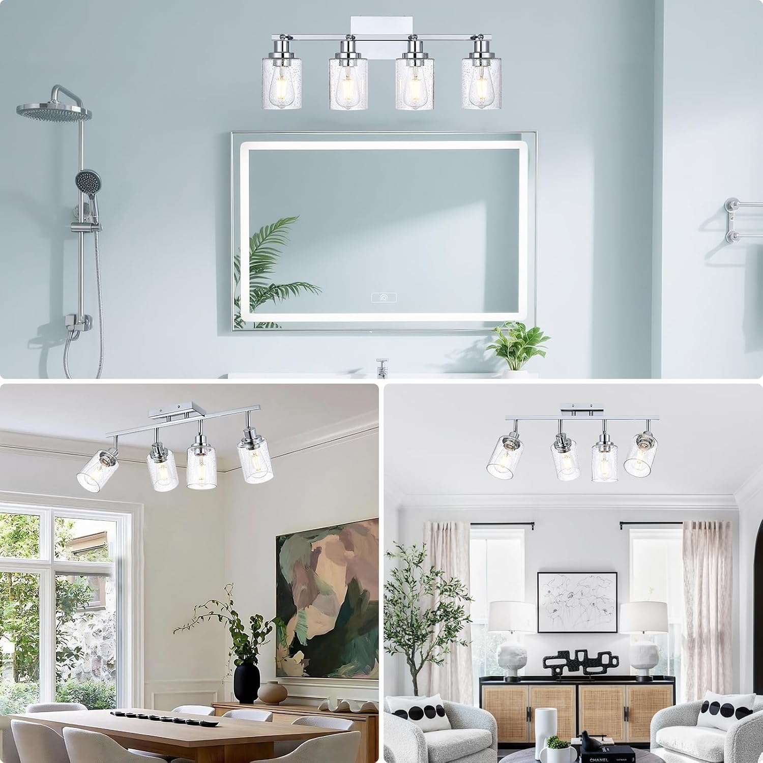 4-Light Multi-Directional Rotating Track Light Fixture Ceiling Track Lighting Heads with Seeded Glass Chrome Track Lighting Kit Bathroom Vanity Light Spotlight Fixtures for Kitchen Accent Shop