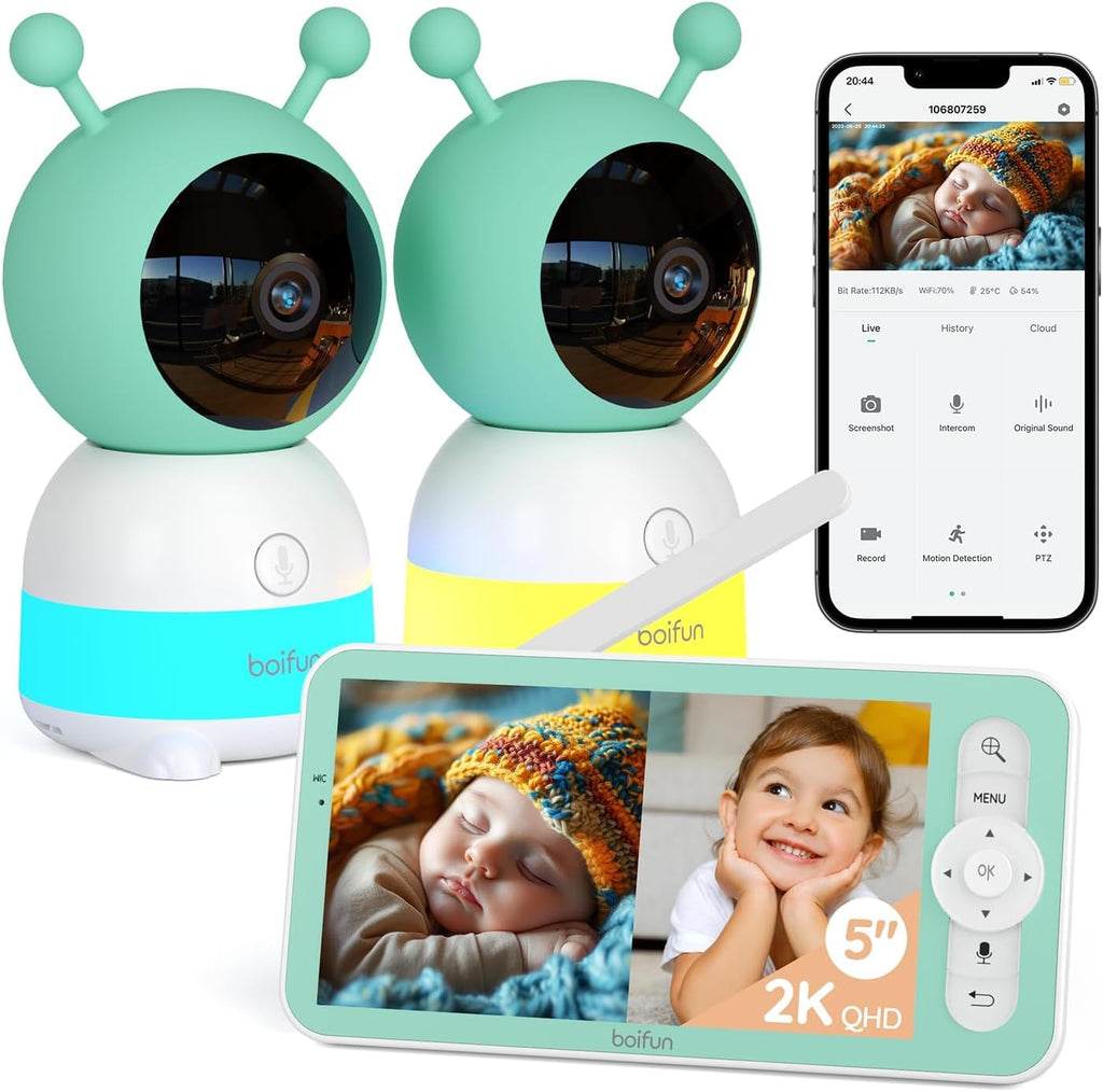 Boifun 2K Wifi Baby Monitor with 2 Cameras, Soothing Night Light, APP & 5' Split-screen Control, Motion/Cries/Noise/Customizable Alarm Zones Detect, Auto Tracking, PTZ, Humidity&Temperature Monitoring