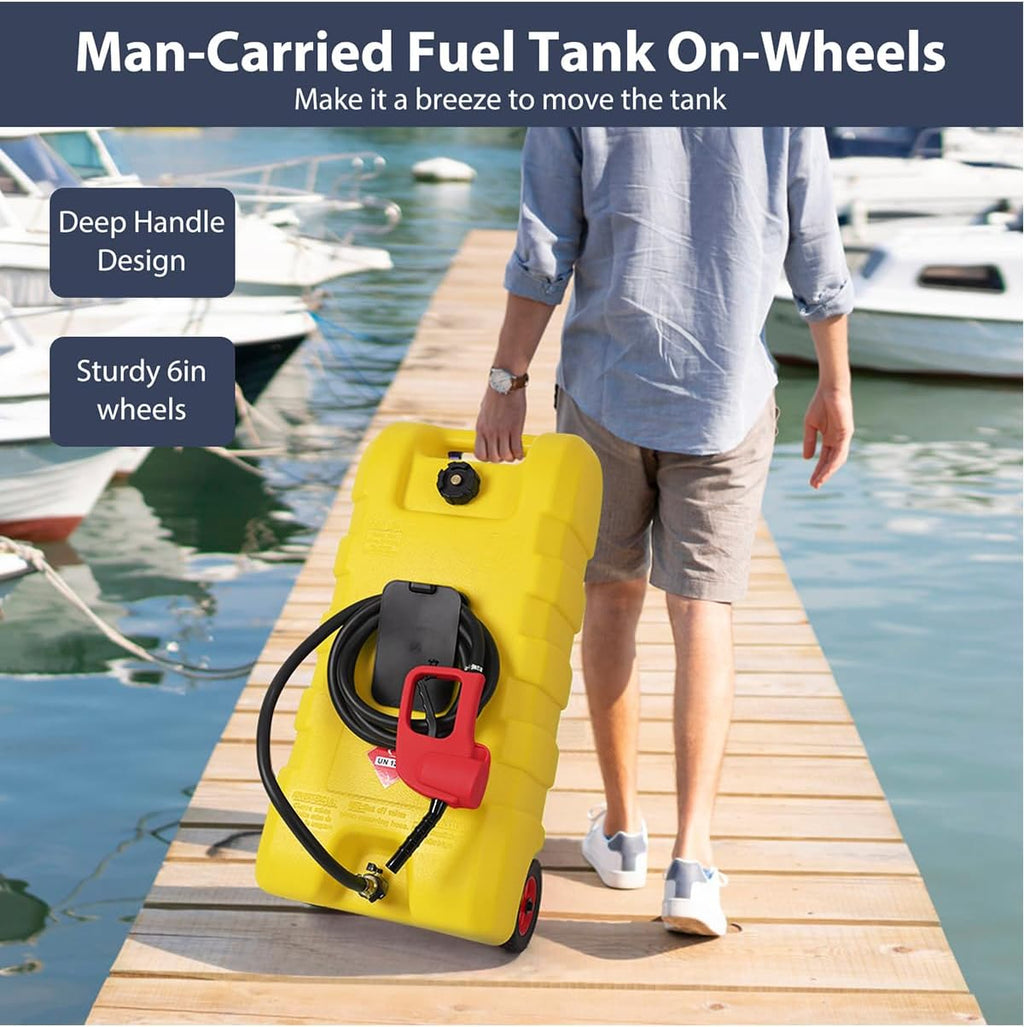 15 Gallon Fuel Caddy – Portable Diesel & Gasoline Tank with Manual Siphon Pump, 10ft Delivery Hose & Wheels for Cars, Boats, ATVs & Lawn Mowers - Yellow