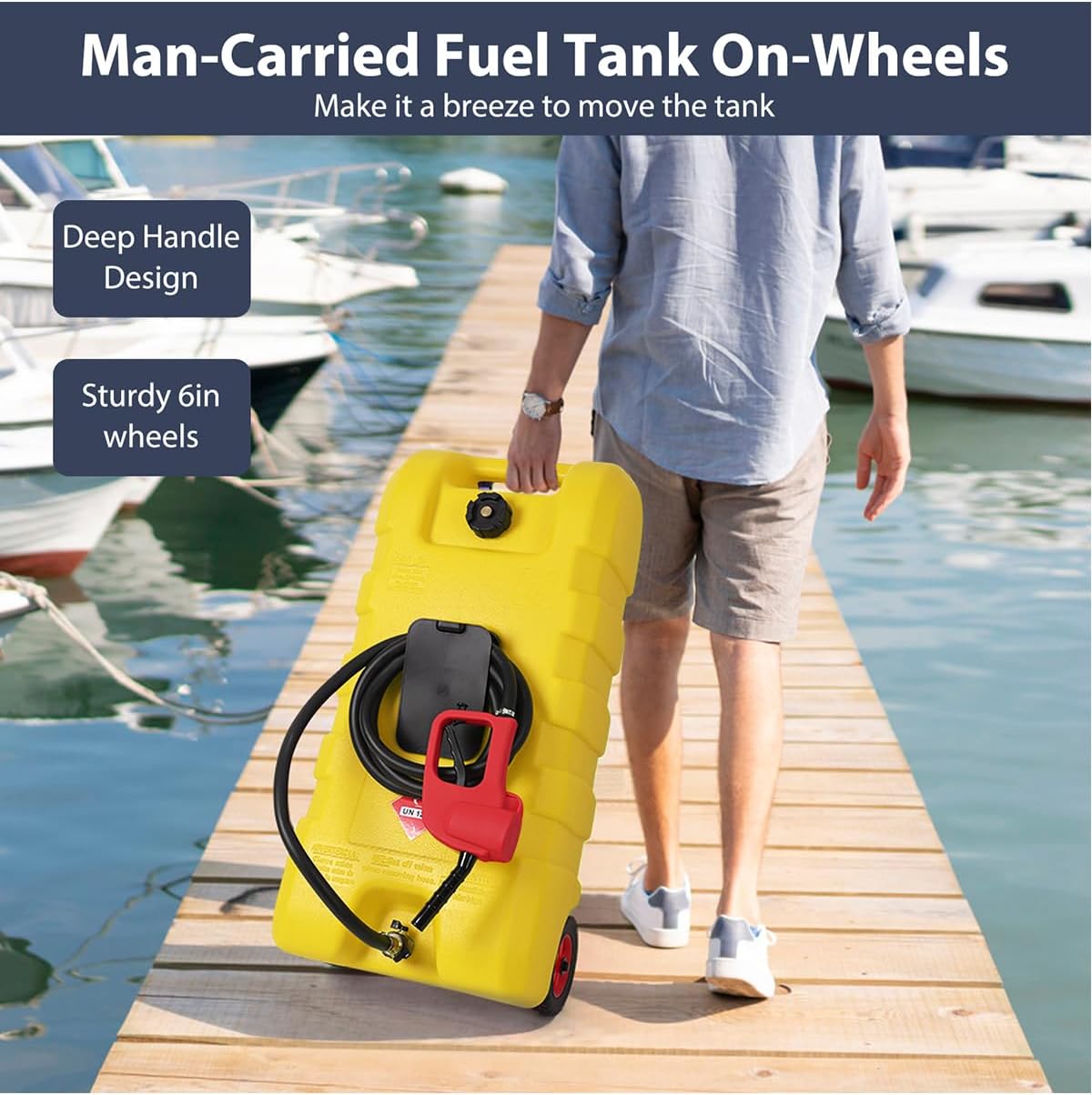 15 Gallon Fuel Caddy – Portable Diesel & Gasoline Tank with Manual Siphon Pump, 10ft Delivery Hose & Wheels for Cars, Boats, ATVs & Lawn Mowers - Yellow