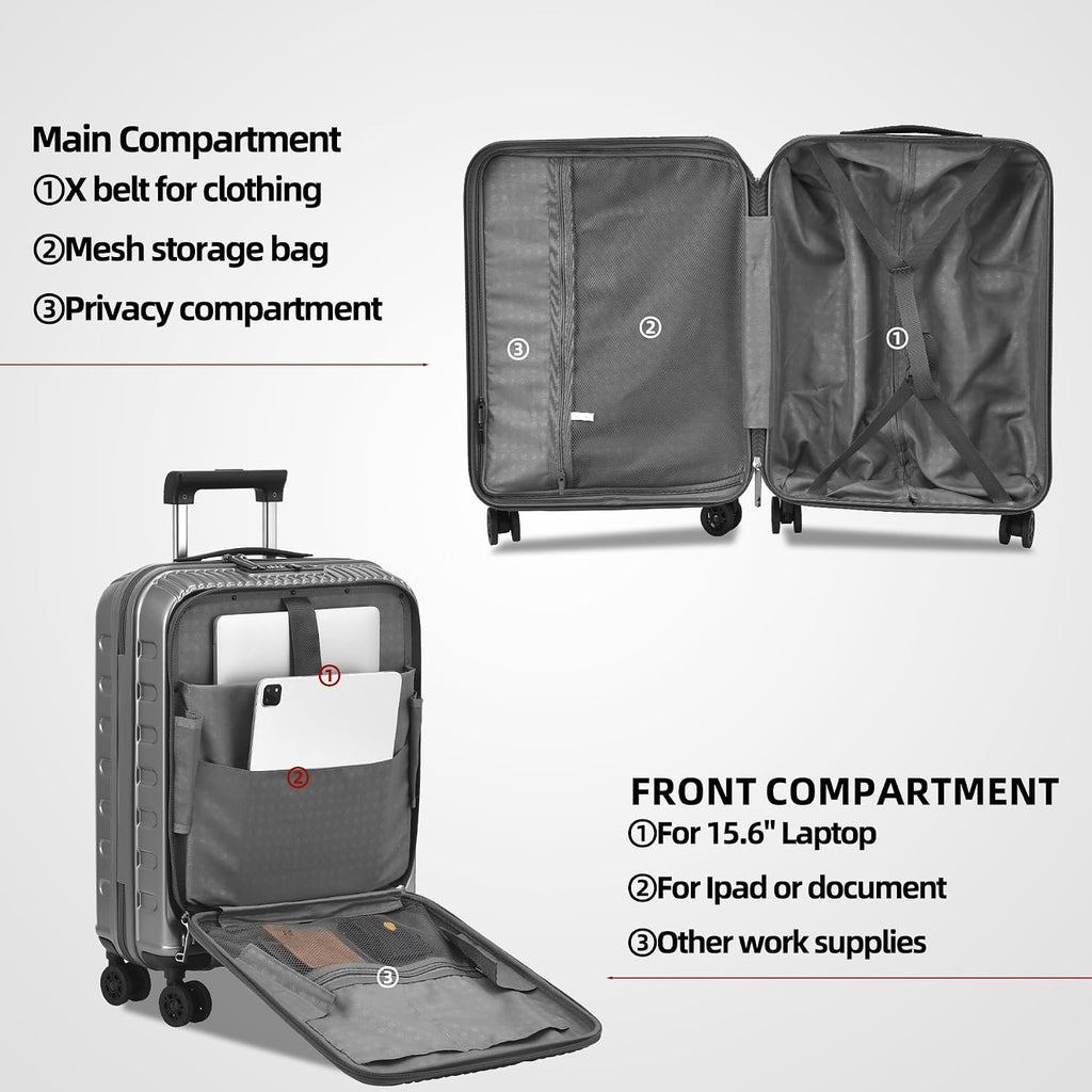 Kaleenie 2 Pieces 20/29 Luggage Sets, 20 Inch Cabin Luggage with Front Pocket & 29 Inch Side Opening Suitcase, Ligthweight ABS+PC Hardshell, Gray