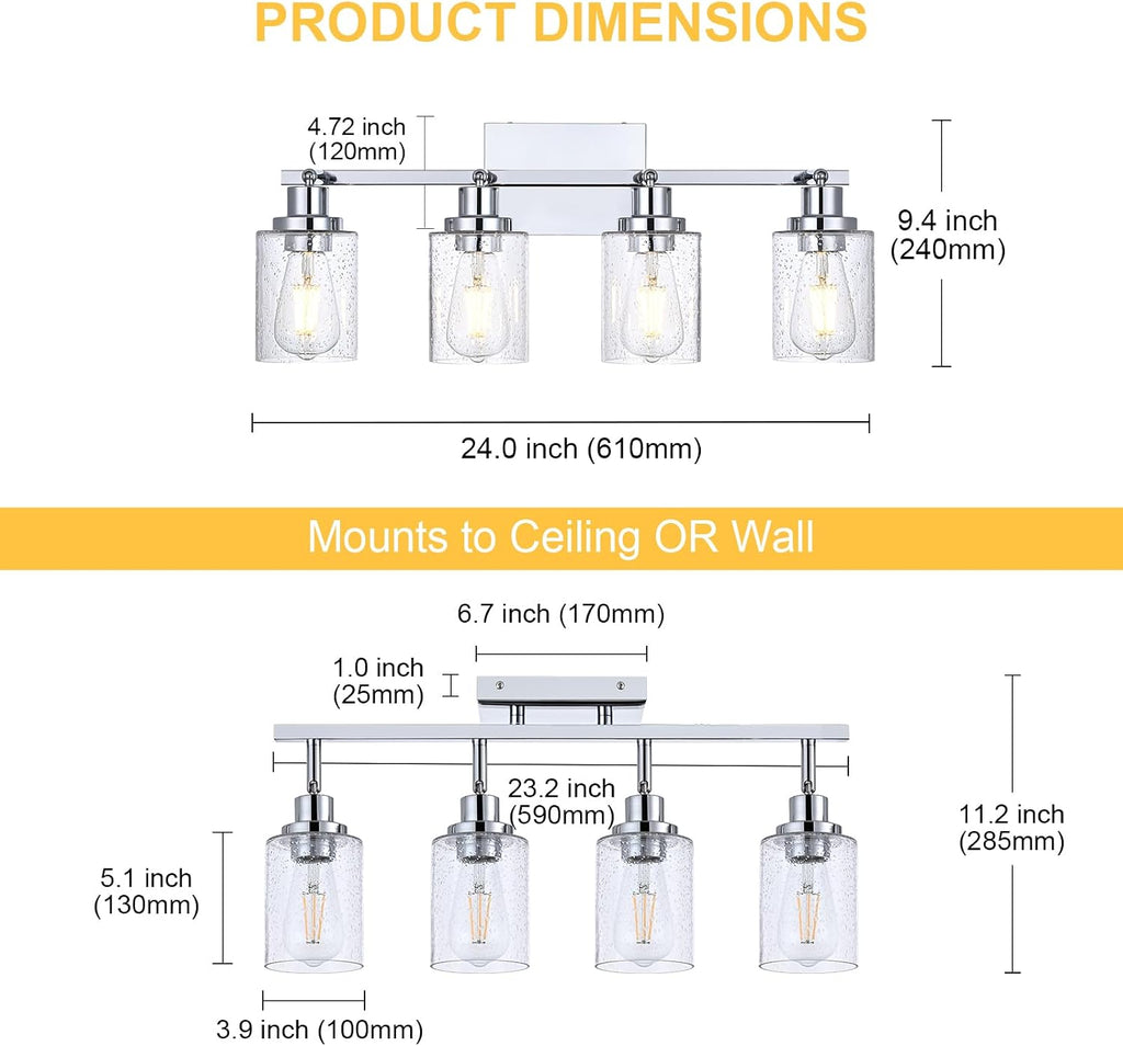 4-Light Multi-Directional Rotating Track Light Fixture Ceiling Track Lighting Heads with Seeded Glass Chrome Track Lighting Kit Bathroom Vanity Light Spotlight Fixtures for Kitchen Accent Shop