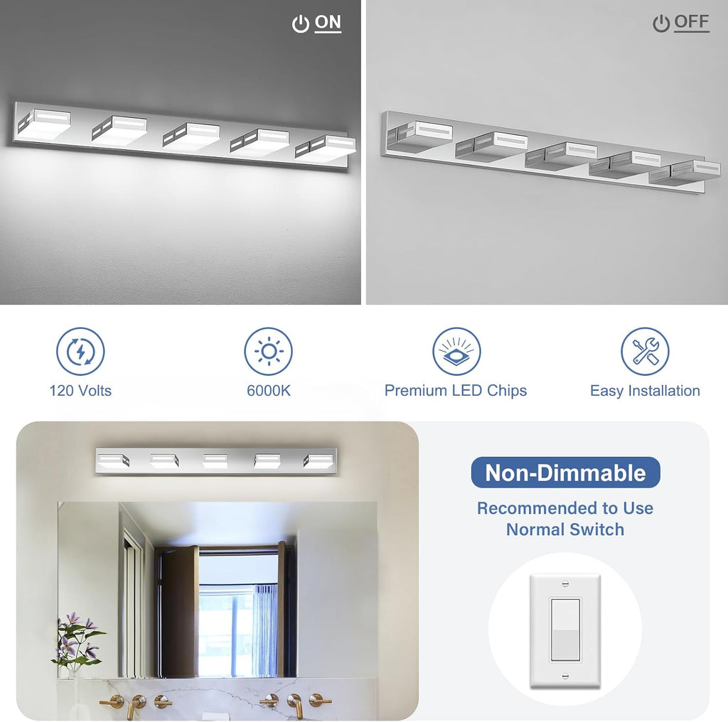 LED Modern Bathroom Light Fixtures, 5-Light 40-Inch Chrome Vanity Lights for Bathroom Lighting Fixtures Over Mirror, 6000K Cool White 350° Rotatable Wall Lamp