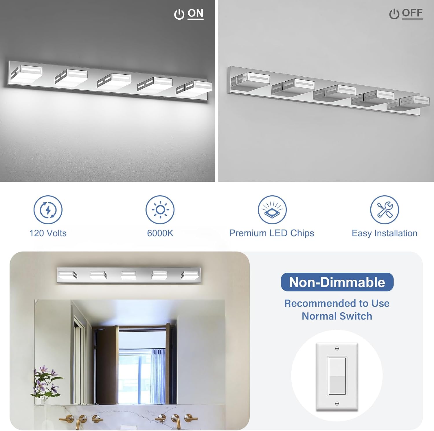 LED Modern Bathroom Light Fixtures, 5-Light 40-Inch Chrome Vanity Lights for Bathroom Lighting Fixtures Over Mirror, 6000K Cool White 350° Rotatable Wall Lamp