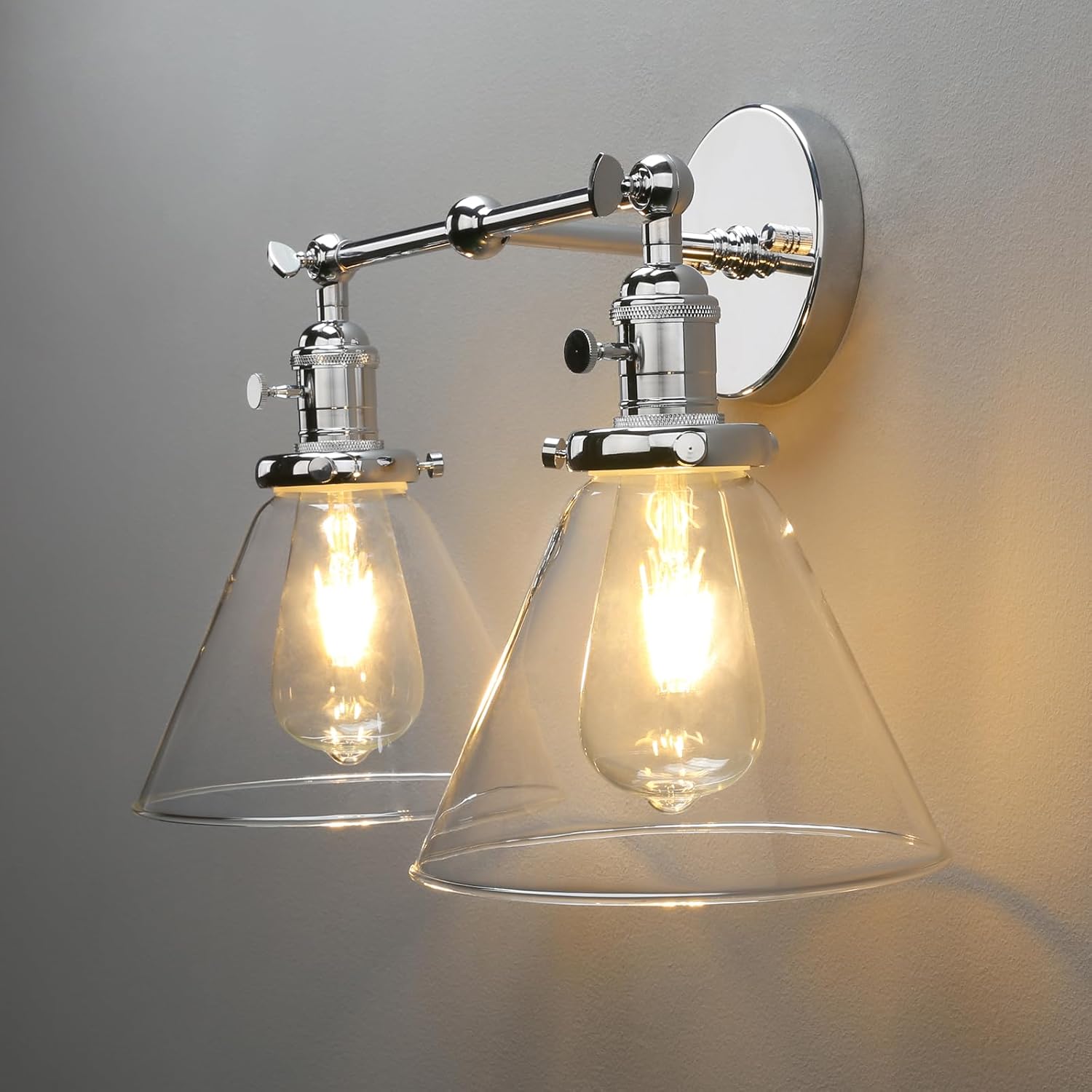 PERMO Double Sconce Chrome Industrial 2-Lights Wall Sconces with Funnel Flared Glass Clear Glass Shade Vanity Light for Bedroom (Chrome)