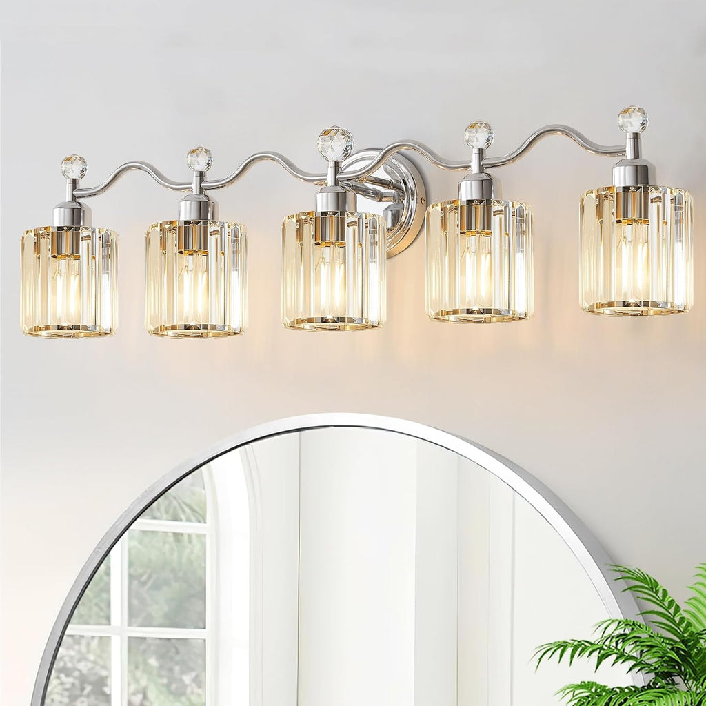 Bathroom Vanity Light, Modern Crystal Bathroom Ligth Fixture, Chrome 5 Light Vanity Lights, Light Fixtures Above Mirror, Wall Lamp for Mirror Living Room Cabinet Bedroom Porch