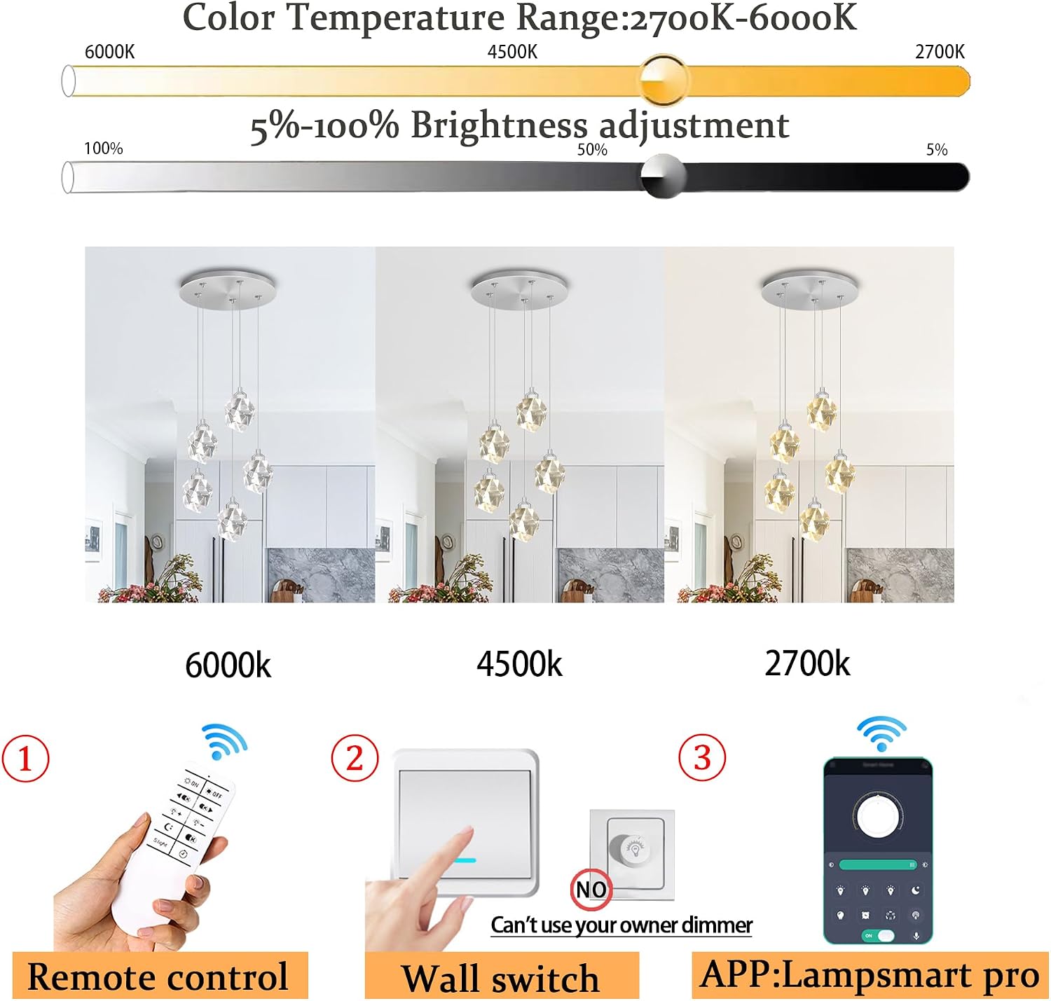 5-Light Cluster Crystal Raindrop Pendant Lights- 25W LED Dimmable Hanging Light Fixture Chandelier for Kitchen Island, Dining Room Living Room
