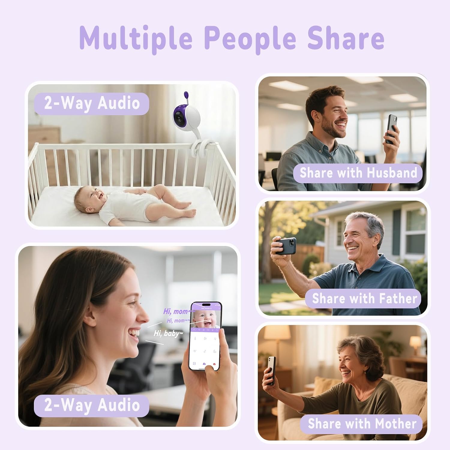 Baby Monitor Camera with Flexible Mount, 1080p 2.4GHz Wi-Fi, Requires Tuya Smart App, Color Night Vision, Sound/Motion Alerts, Temp Sensor, 2-Way Audio, Lullabies, Night Light, TF/Cloud Storage(32G)