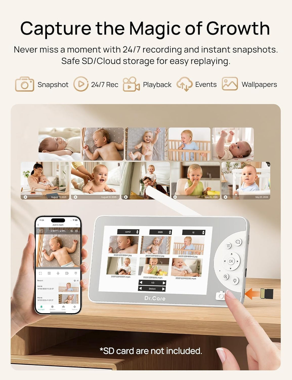 Dr.Care LumiView Max Smart WiFi Baby Monitor with 2 Camaras- 7' 1080P FHD & 2K Camera, Privacy Mode, Cry & Motion Detection, 6000mAh Removable Battery, RGB Night Light, Snapshot & Video Recording