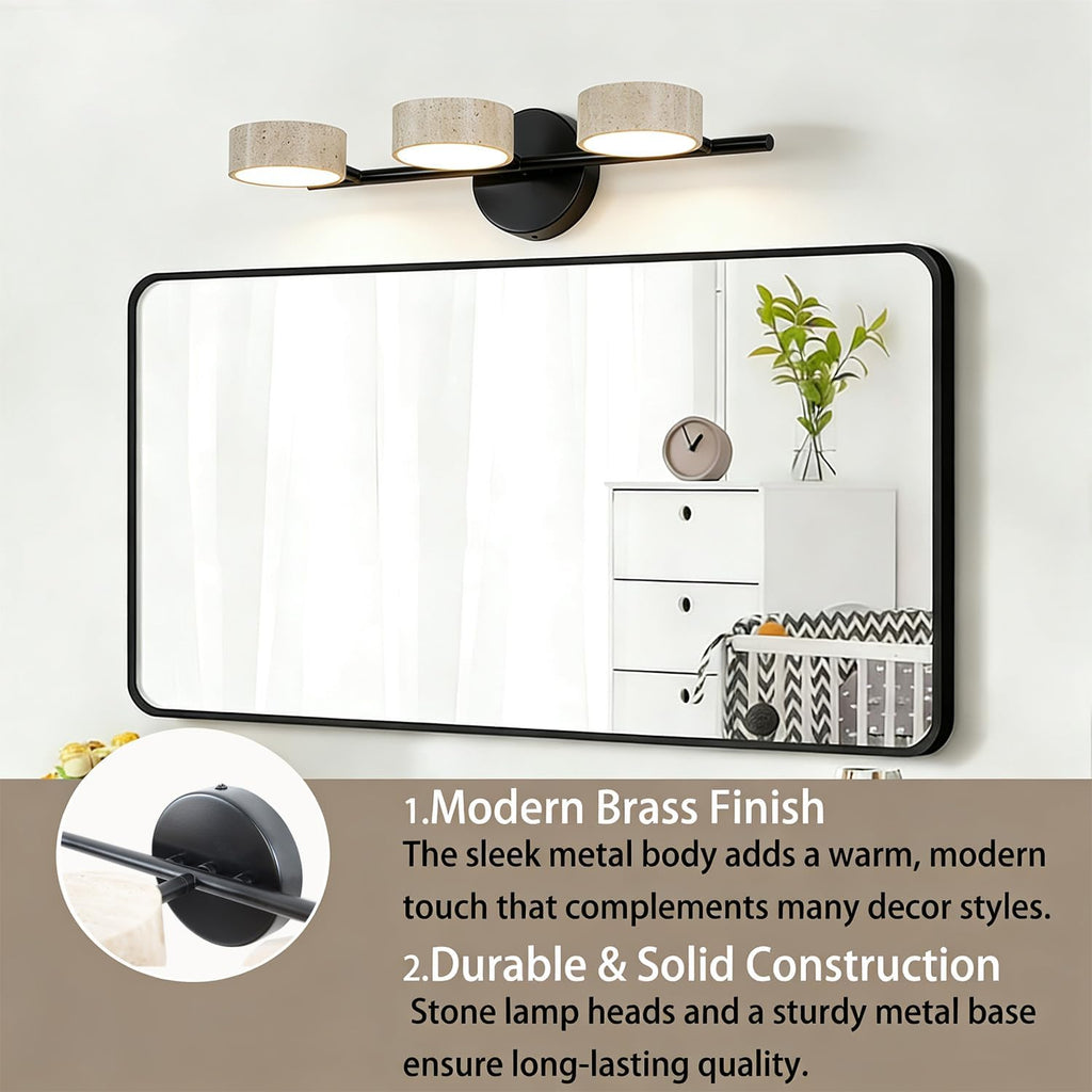 LED Mirror Light with 3 Travertine Stone Shades, Bathroom Vanity Light Fixture, 360° Rotatable Stone Lampshades, Modern Rustic Wall Lamp for Bedroom, Living Room, Hallway (Black-Metal)