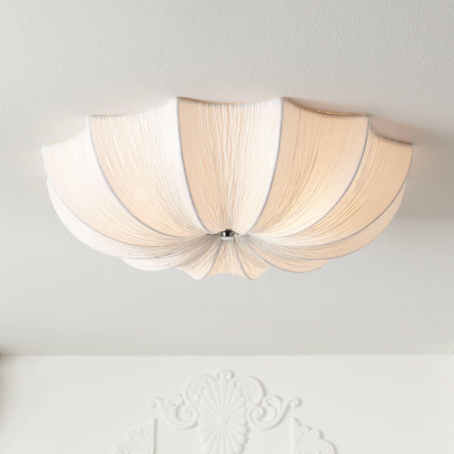 Possini Euro Design Planetarium Modern Close to Ceiling Light Flush Mount Fixture 21' Wide Chrome White Fabric Scalloped Bowl Shade for Bedroom Hallway Living Room Dining Room Bathroom Kitchen