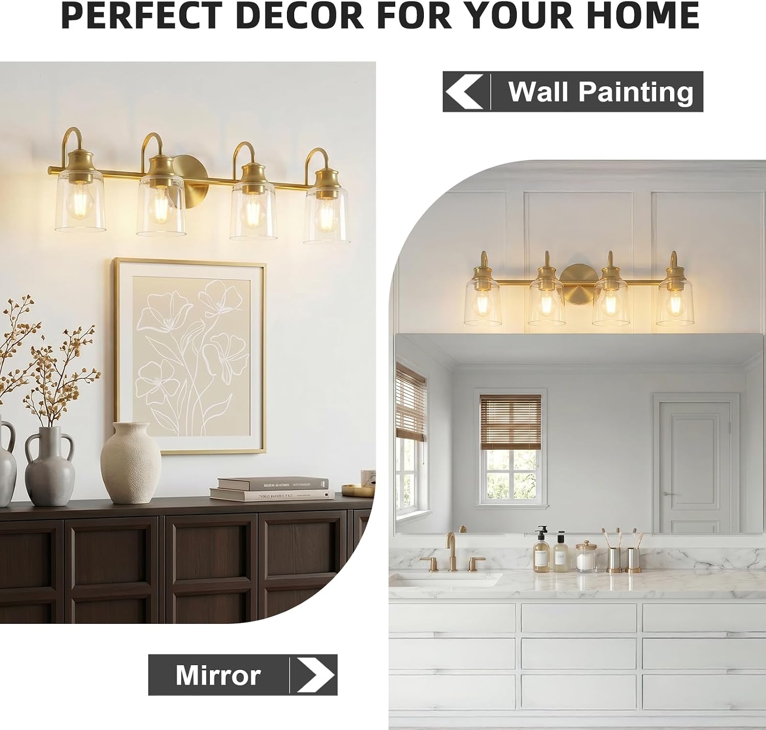 4 Lights Bathroom Light Fixtures Modern Gold Vanity Lights for Bathroom Lighting Fixtures Over Mirror with Clear Glass Shade for Cabinet Mirror Bedroom Hallway