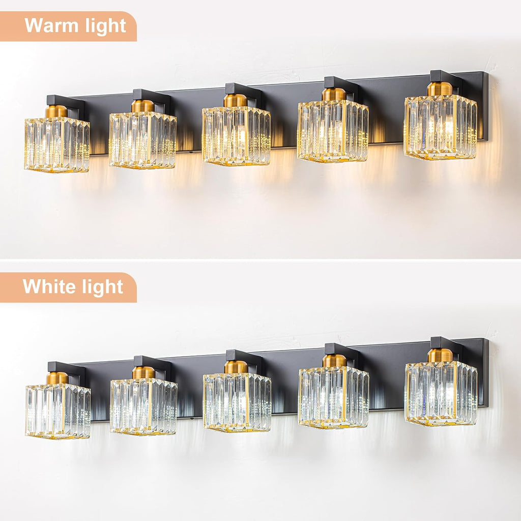 Crystal Black Gold Bathroom Vanity Light, 5-Lights Bathroom Lighting Fixtures Over Mirror Modern Glam Crystal Wall Lighting with Square Shade