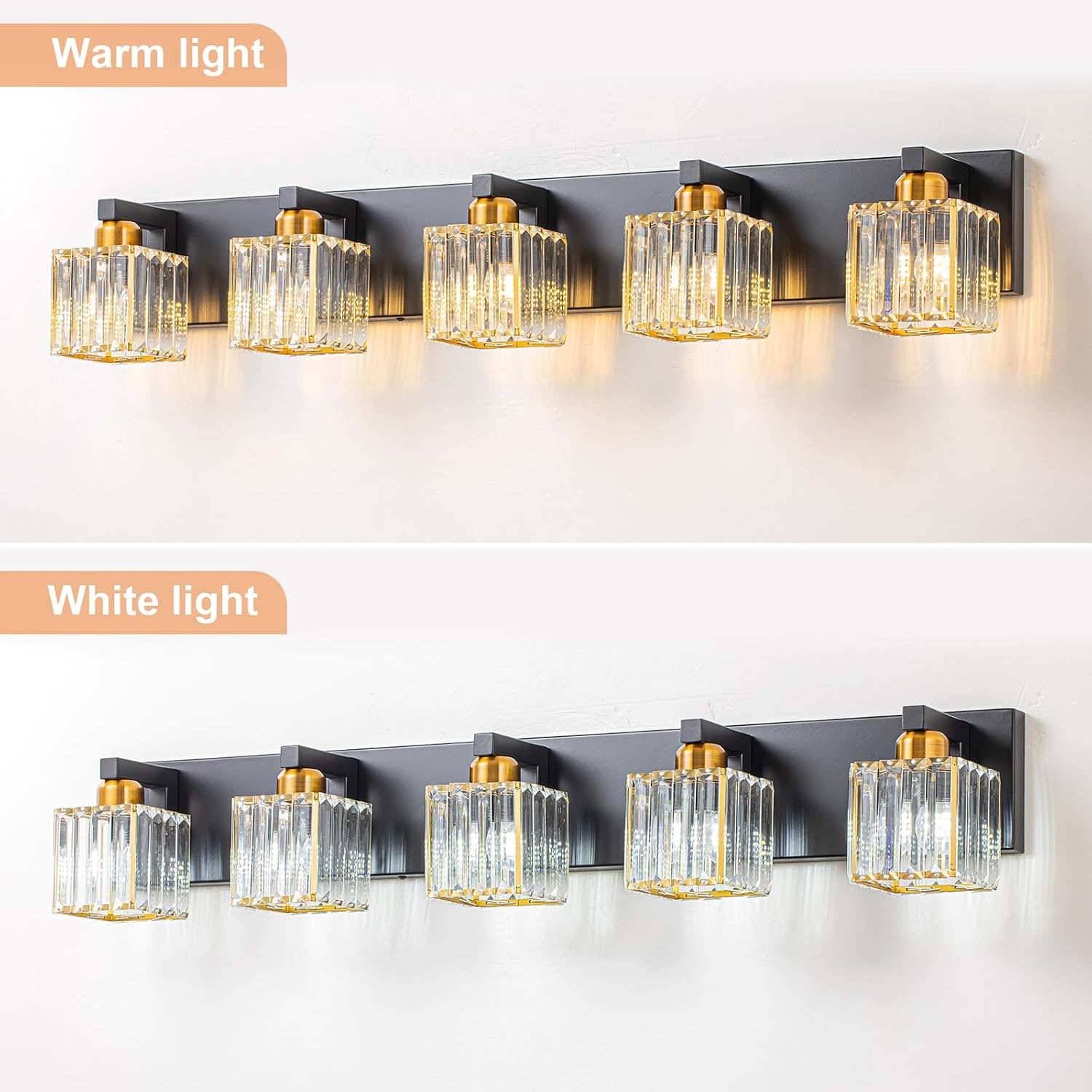 Crystal Black Gold Bathroom Vanity Light, 5-Lights Bathroom Lighting Fixtures Over Mirror Modern Glam Crystal Wall Lighting with Square Shade
