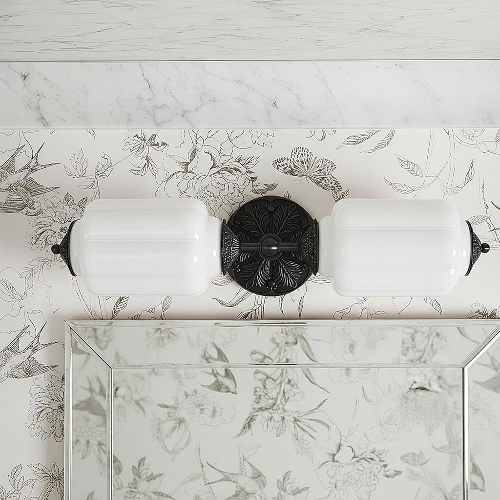 Vintage Milk Glass Bathroom Vanity Light - 2-Light Wall Sconce with Brass Finish Base & Green Glass Shade - Wall Sconce Lighting for Mirror, Kitchen, Living Room, Gallery (Bulbs Included) (white)