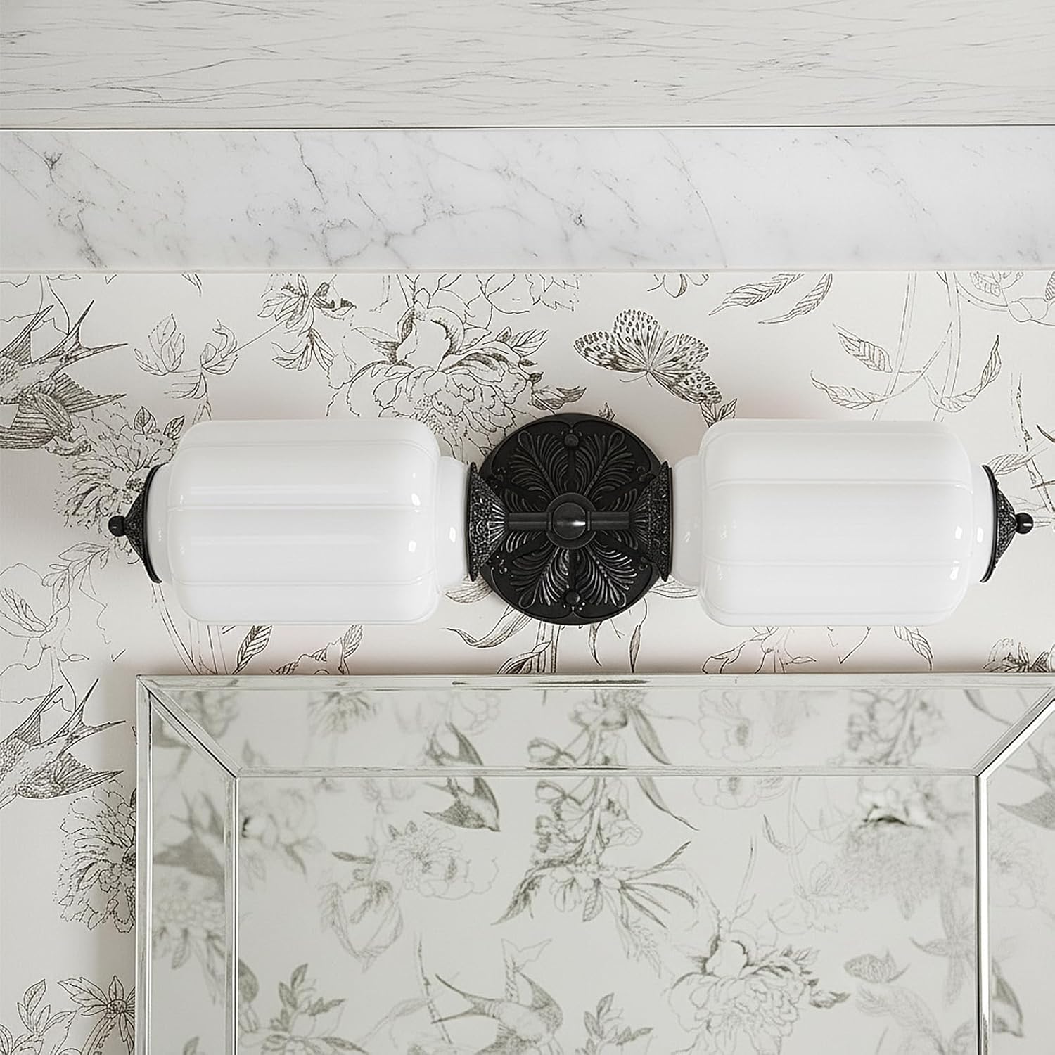 Vintage Milk Glass Bathroom Vanity Light - 2-Light Wall Sconce with Brass Finish Base & Green Glass Shade - Wall Sconce Lighting for Mirror, Kitchen, Living Room, Gallery (Bulbs Included) (white)