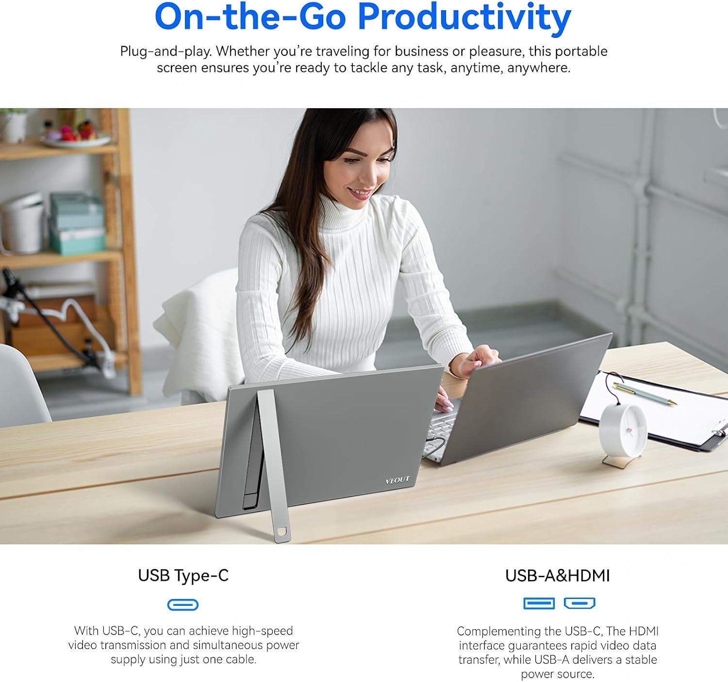 Veout External Second Screen for MacBook Pro (Silver), 1920x1200 IPS 16 inch Travel Monitor with Aluminum Metal Stand, Dual Type-C/Mini HDMI 16:10 Portable Display for iMac/Laptop/Mini PC
