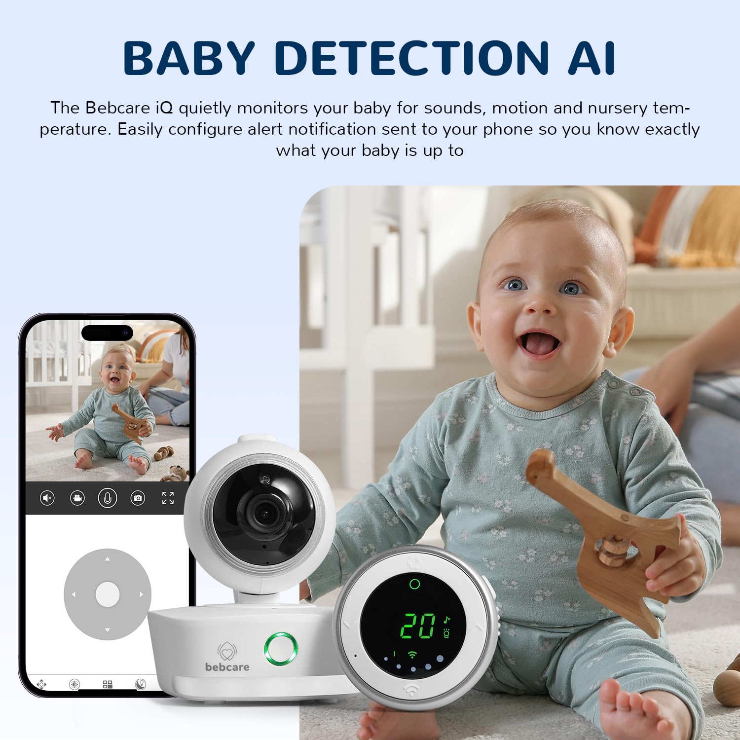 Bebcare iQ - Smart HD Baby Monitor: Full HD 1080p Video, Pan-and-Tilt, Temperature Sensor, Motion and Sound Alert, Stand-Alone Audio Monitor Unit (with Breathing Sensor Mat)