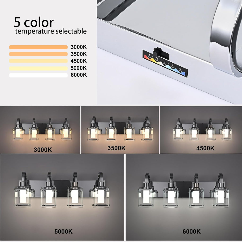 5-Light Chrome Vanity Light Fixtures, Modern LED Bathroom Wall Lights for Dressing Room, Integrated LED Chips with Frosted Column & Clear Square Glass Shades, Energy Saving Wall Sconce