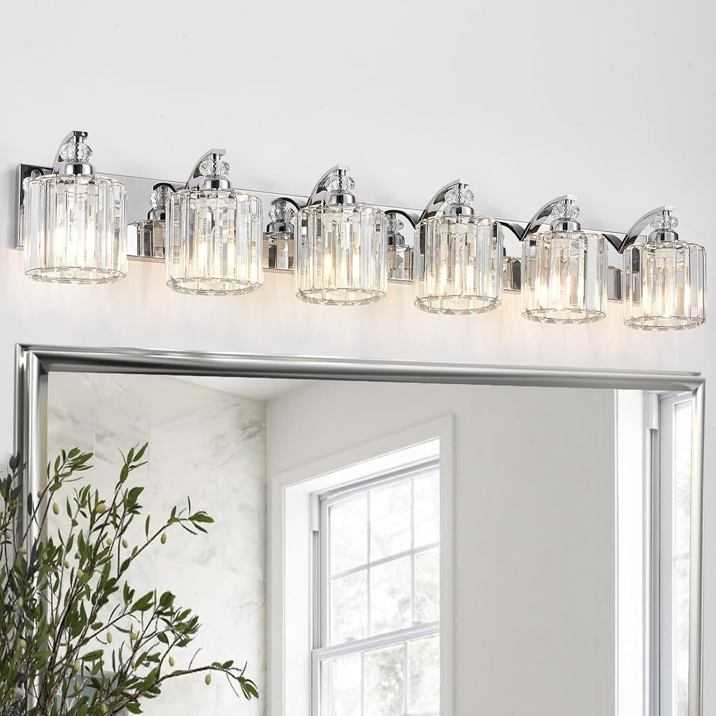 6-Light Modern Bathroom Light Fixture Chrome Vanity Lights Over Mirror Wall Sconce Lighting with K9 Crystal Shades Bathroom Wall Lamp E26 Base for Bedroom, Living Room, Hallway