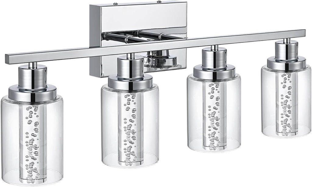 MELUCEE 5 Color Dimmable LED Bathroom Light Fixtures 4 Light Chrome Vanity Lights Bathroom Lights Over Mirror Wall Light Fixtures with Crystal Bubble Clear Glass Shade, Built-in LED Chips