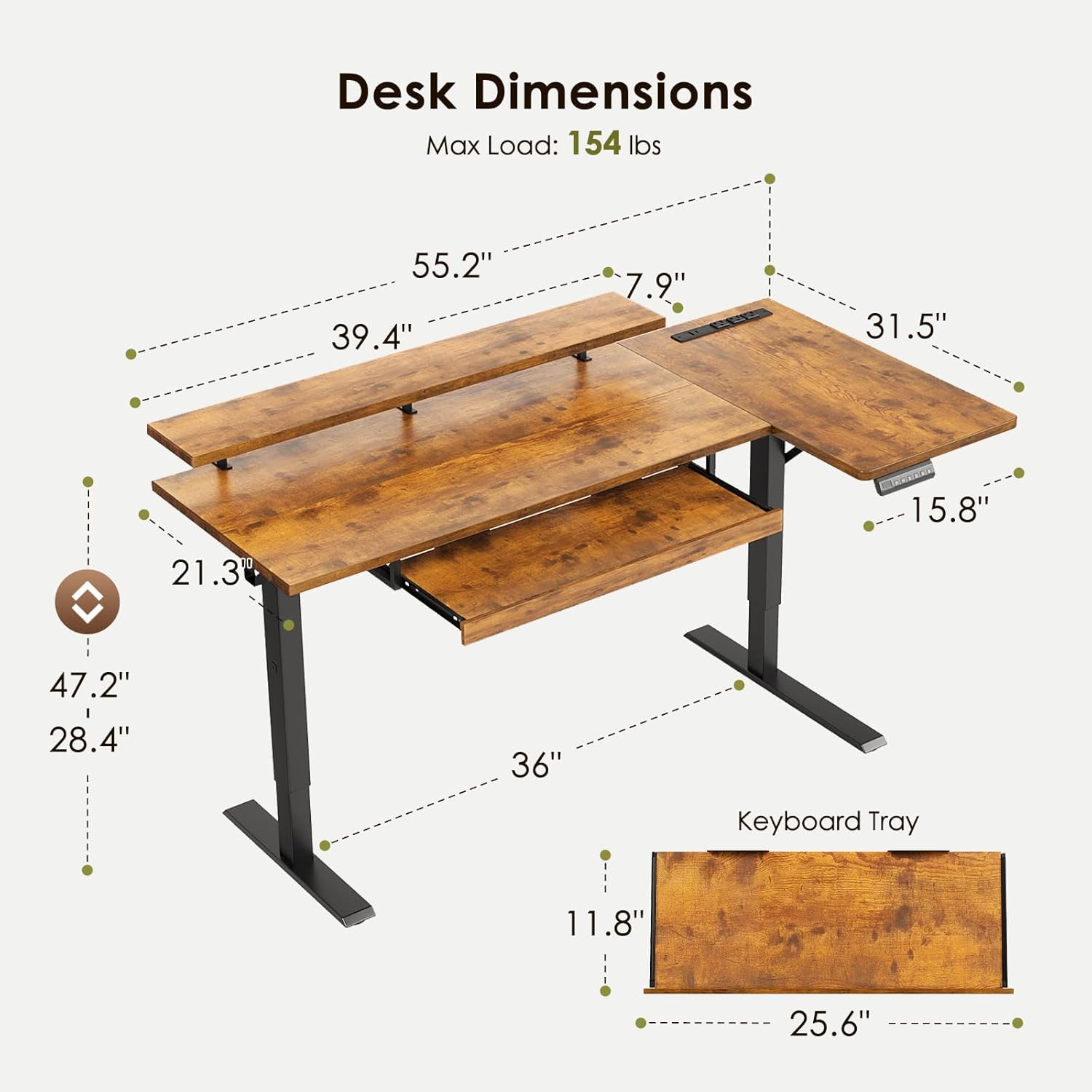 OffiGo 55 Inch L Shaped Electric Standing Desk with Keyboard Tray, Reversible Height Adjustable Corner Computer Desk with Monitor Stand, Sit Stand Up Lift Table for Home, Office, Rustic Brown