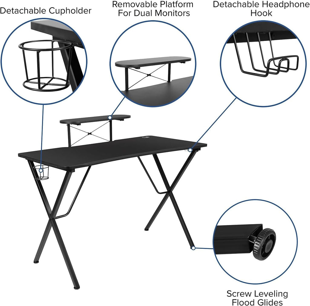 Flash Furniture Black Gaming Desk and Green/Black Racing Chair Set with Cup Holder, Headphone Hook, and Monitor/Smartphone Stand