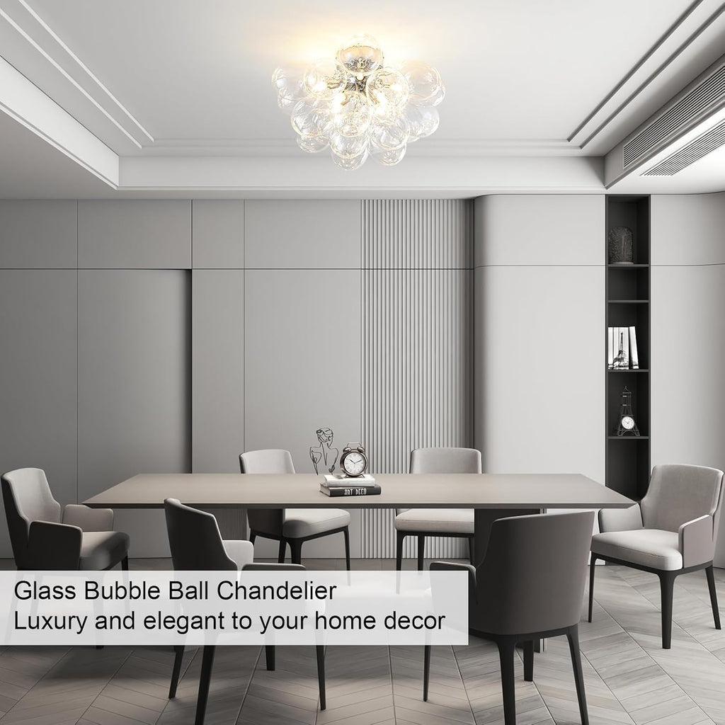 8-Light Chrome Flush Mount Ceiling Light, 16' Glass Bubble Ball Chandelier with 21 Clear Balls, Modern Globe Dining Room Light Fixture for Bedroom, Living Room, Hallway, Entry, Bathroom