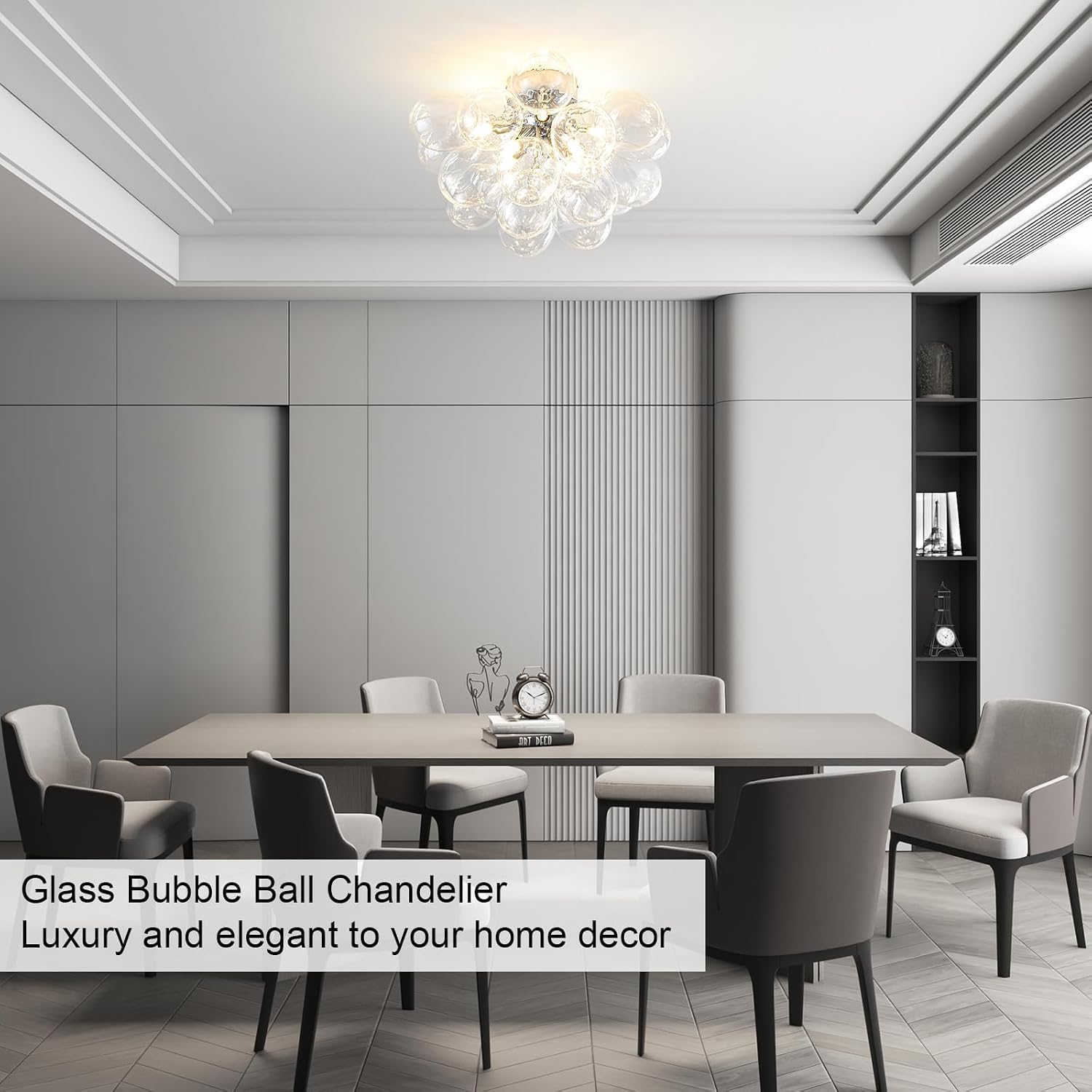 8-Light Chrome Flush Mount Ceiling Light, 16' Glass Bubble Ball Chandelier with 21 Clear Balls, Modern Globe Dining Room Light Fixture for Bedroom, Living Room, Hallway, Entry, Bathroom