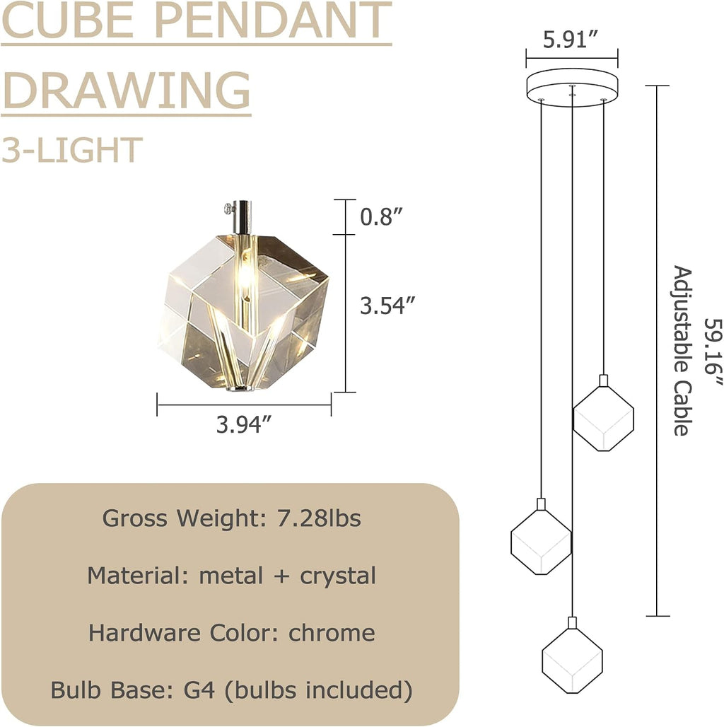 3-Light Cube Crystal Pendant Lighting, Cluster Square Pendant Chandelier in Chrome, Clear Crystal Hanging Pendant Ceiling Light Fixture for Dining Room Kitchen Island, 9W