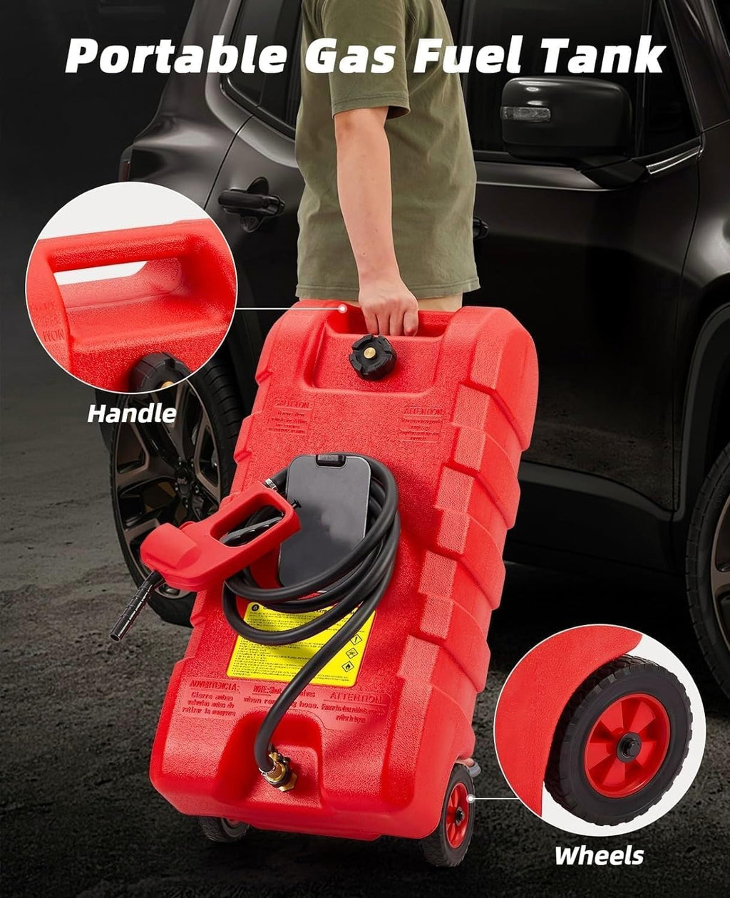 Gas Can 15 Gallon, Fuel Tank Container with Gravity & Hand Pump Modes, Portable Fuel Caddy with Wheels, 10 ft Delivery Hose & Manual Pump, Gas Caddy for Motorboats, ATVs, Gasoline & Diesel