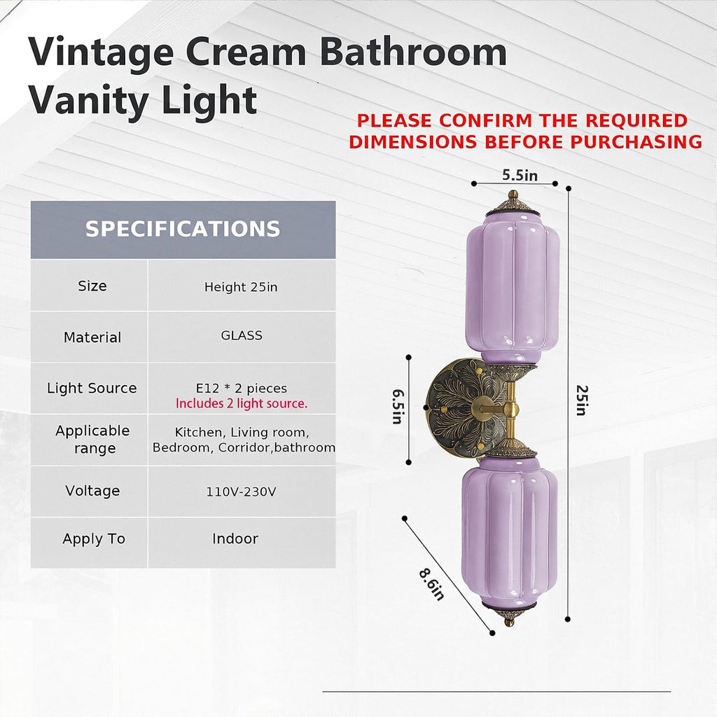 Vintage Milk Glass Sconce - 2-Light Wall Sconce with Brass Finish Base & Green Glass Shade - Wall Sconce Lighting for Mirror, Kitchen, Living Room, Gallery (Bulbs Included) (Purple)