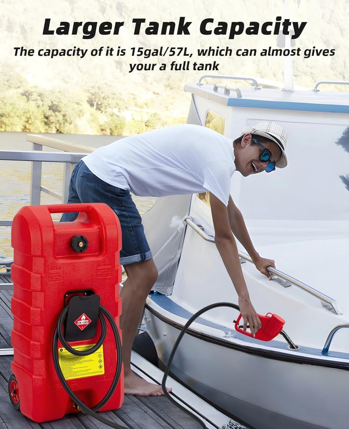 Gas Can 15 Gallon, Fuel Tank Container with Gravity & Hand Pump Modes, Portable Fuel Caddy with Wheels, 10 ft Delivery Hose & Manual Pump, Gas Caddy for Motorboats, ATVs, Gasoline & Diesel