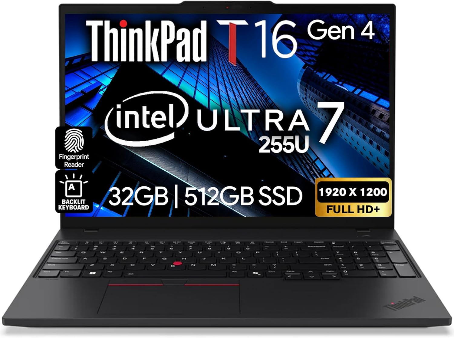 Lenovo ThinkPad T16 Gen 4 AI Business Laptop 16' FHD+ Display, Intel Ultra 7 255U (Beats i7-1355U), 32GB DDR5 RAM, 512GB SSD, 5MB Webcam, Fingerprint, Backlit KB, WiFi 6E + BT, RJ-45, HDMI, Win 11 Pro