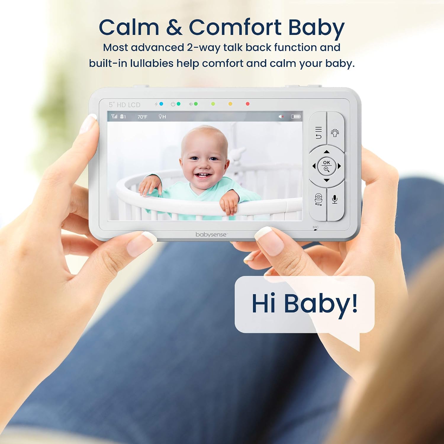 Babysense 5' HD Split-Screen Baby Monitor, Video Baby Monitor with Camera and Audio, Three HD Cameras with Remote PTZ, Night Light, 960ft Range, Two-Way Audio, 4X Zoom, Night Vision, 4000mAh Battery