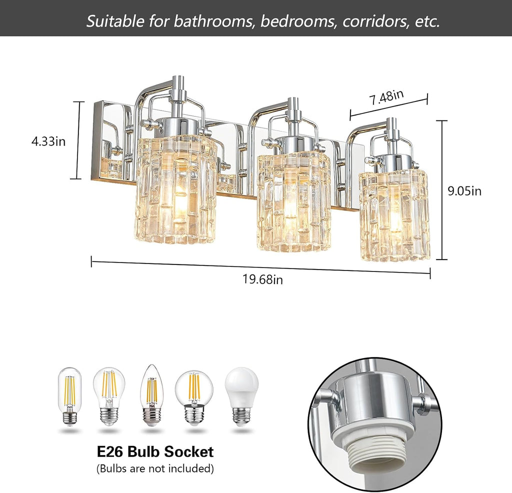 3 Light Crystal Glass Vanity Light, Chrome Bathroom Lighting Fixtures Over Mirror Modern Bath Wall Sconce Lighting for Bedroom Living Room