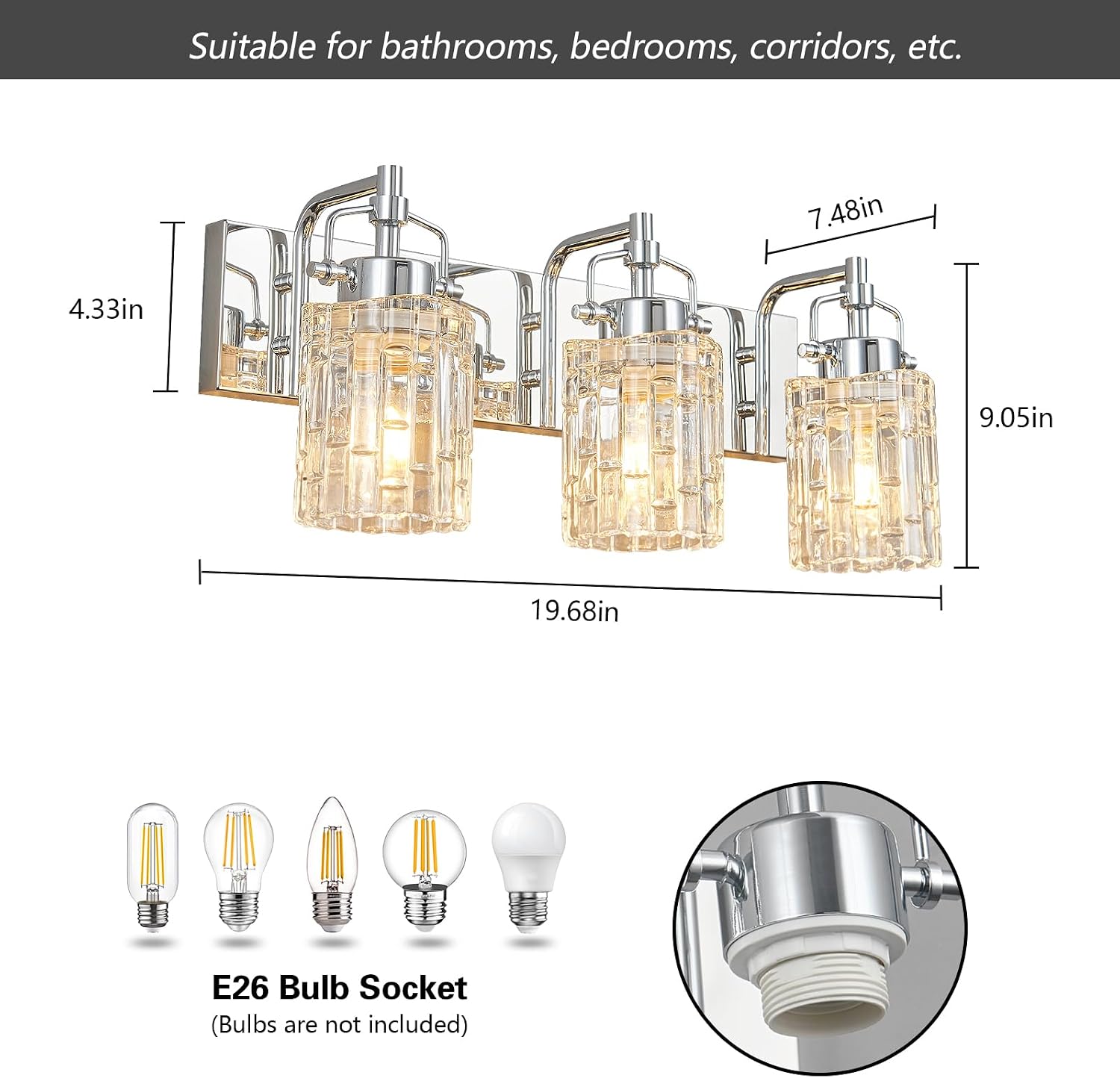 3 Light Crystal Glass Vanity Light, Chrome Bathroom Lighting Fixtures Over Mirror Modern Bath Wall Sconce Lighting for Bedroom Living Room