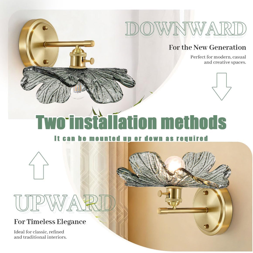 Vintage Bathroom Vanity Light Set of 2 with Dark Green Flower Glass | Art Deco Wall Sconces, Gold Living Room Hallway lighting fixtures, 110V E26 Brass, Supports dimmable bulbs, Easy to install