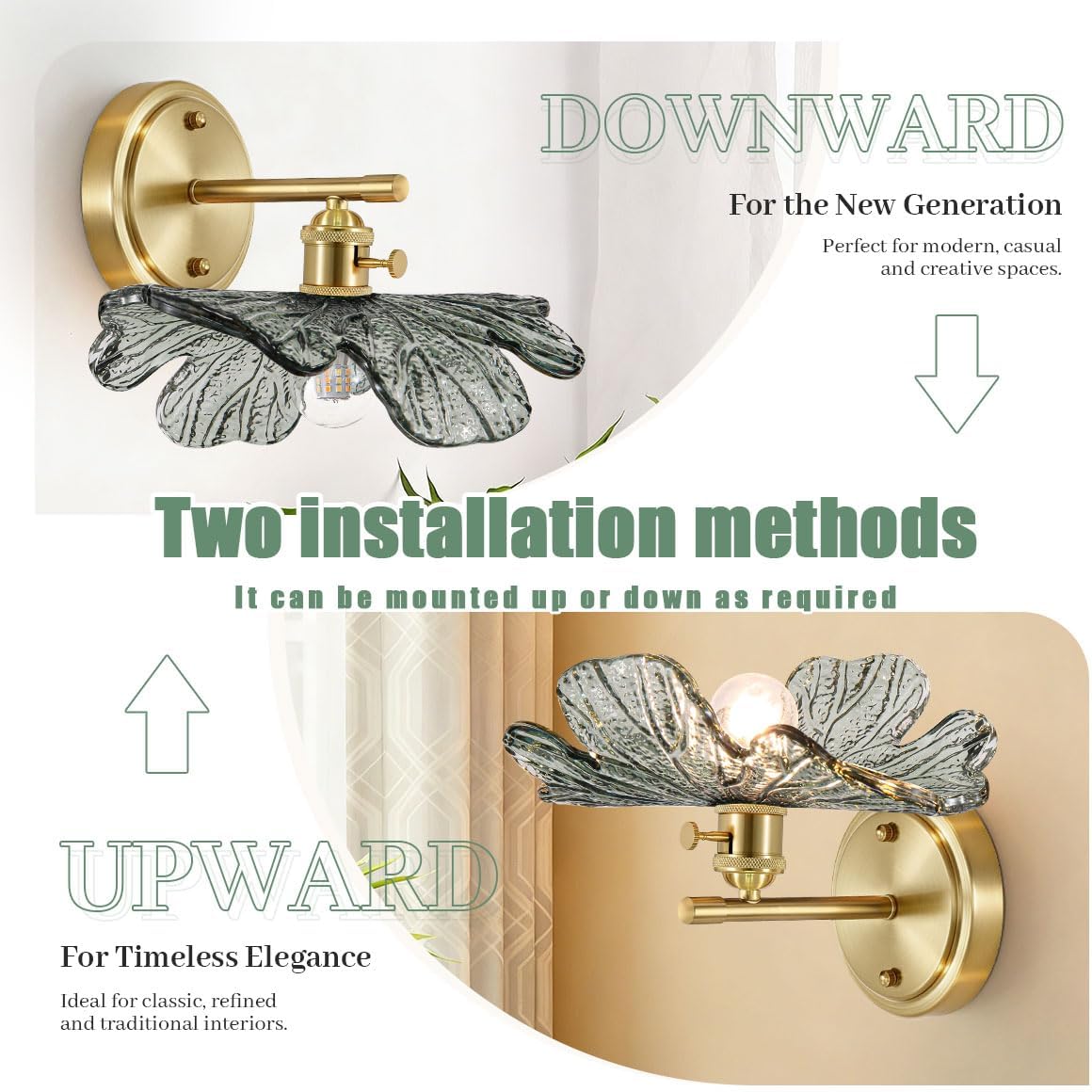Vintage Bathroom Vanity Light Set of 2 with Dark Green Flower Glass | Art Deco Wall Sconces, Gold Living Room Hallway lighting fixtures, 110V E26 Brass, Supports dimmable bulbs, Easy to install