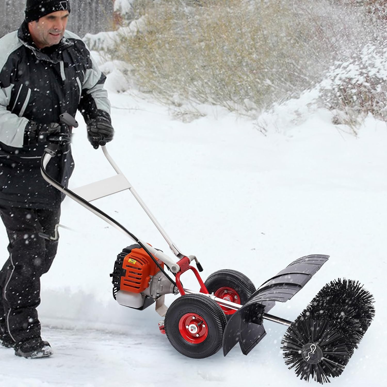 52CC Gas Handheld Sweeper, 52cc 2Stroke Gas Walk Behind Push Lawn Sweeper, Snow Sweeping Broom Artificial Grass Power Brush Lawn Sweeper Cleaner Tools for Lawn Leaf Artificial Turf Grass Gravel