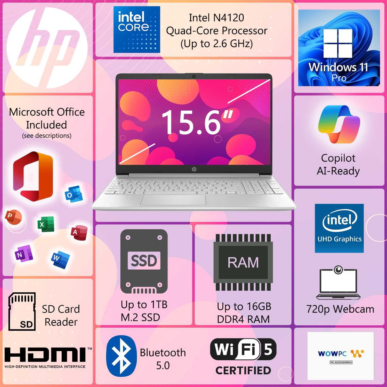 HP 15 Laptop for School, Work & Home • 15.6' FHD 1080p IPS Display • Powerful Intel Processor • 16GB RAM • 256GB SSD • Microsoft Office • Copilot AI • Windows 11 Pro • SD Card Reader • HDMI