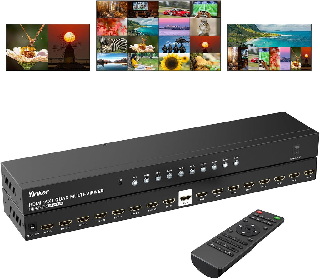 4K HDMI Multiviewer 16x1, 4K@30Hz Seamless HDMI Switcher 16 in 1 Out w/IR Remote, Multiple Display Modes for Laptops/PC/Set-up Box/Security Camera/PS5